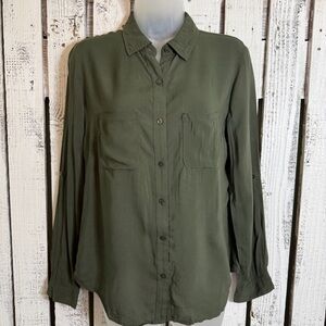 a.n.a. Button Up Dress Blouse Olive Green Size Petite Medium Roll Tab LongSleeve